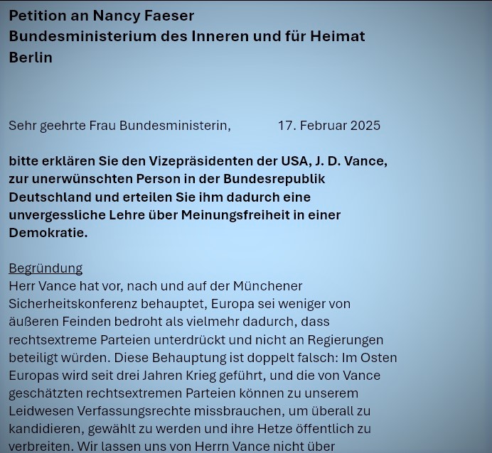 Petition: Vizepräsident der USA soll zur „unerwünschten Person“ erklärt werden